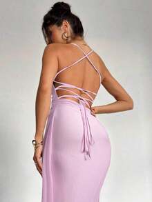 Vestido de estilo elegante y romántico para mujer, adecuado para fiesta, vacaciones, vuelta al colegio, cita romántica y boda, vestido de fiesta con escote en pico, cuello halter, espalda descubierta, efecto fruncido y lazo - Rosa - Ver 2