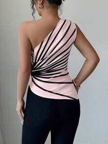 Blusa de punto con estampado de hombro oblicuo elegante para vacaciones de verano para mujer - Rosa Pálido - Ver 2