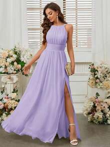 Belle Vestido de dama de honor con cuello de halter de unicolor, cintura imperio y abertura frontal alta.Elegante vestido color púrpura claro para boda. - Morado Violeta - Ver 2