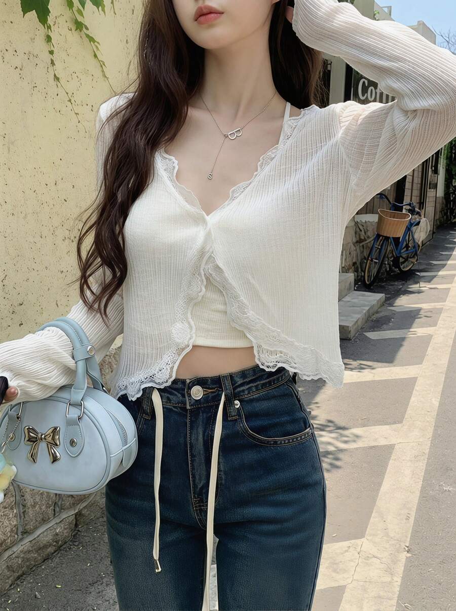 Áo khoác ngoài cổ chữ V viền ren xanh dương dành cho nữ, khăn choàng nhẹ nhàng dễ thương cho mùa hè đi học, màu trắng mùa xuân. - trắng - Xem 1