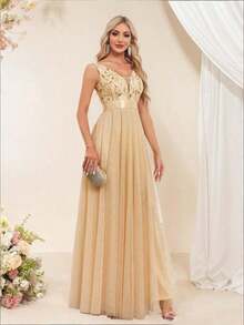 Vestido de dama de honor formal de línea A con escote en V sin mangas, bordado y de malla, vestido de fiesta elegante, vestido de invitado de boda formal, vestido de ceremonia de graduación, vestido de noche de primavera - Dorado - Ver 3