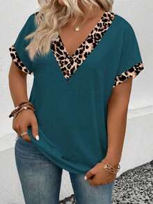 Selamara Camiseta casual y versátil con estampado de leopardo para mujer de talla grande, nueva llegada de primavera/verano - Agua verde azul - Ver 3
