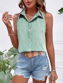 Blusa holgada sin mangas a rayas de estilo casual para mujer, camisa de verano para mujer, top sin mangas a rayas, top verde a rayas, blusas casuales de verano para mujer - Verde - Ver 4