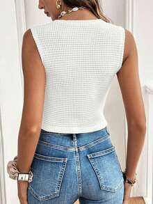 Frenchy Top de tanque casual de botones frontales de unicolor con textura para verano - Blanco - Ver 2