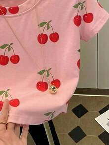 Camiseta de manga corta y cuello redondo informal con estampado de cerezas, para verano - Rosa - Ver 3