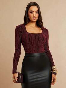 Body De Manga Larga Con Cuello Cuadrado Para Mujer - Rojo - Ver 4