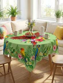1pc Tropical Rainforest Parrot Print Rectangular Tablecloth, Bright Green Bird & Floral Pattern, Outdoor Picnic Camping Decor, Summer Party Stain-Resistant Home Dining Table Mat - Green - View 1
