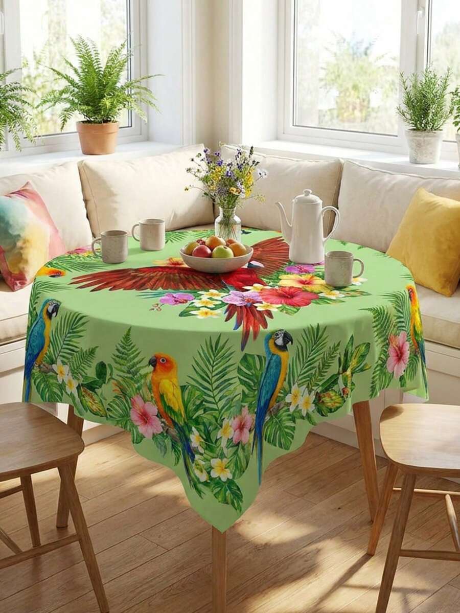 1pc Tropical Rainforest Parrot Print Rectangular Tablecloth, Bright Green Bird & Floral Pattern, Outdoor Picnic Camping Decor, Summer Party Stain-Resistant Home Dining Table Mat - Green - View 1