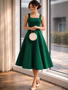 Women's Midi Dress With Square Neckline And Defined Waist | Elegant Midi Dress | Tailored Style | Defined Waist | Perfect Mother's Day Gift - 翠綠色 - 查看 4