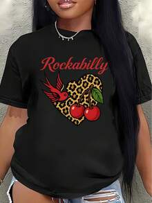 Camiseta de manga corta de poliéster para mujer, estilo rock, con estampado de leopardo, corazones y cerezas, adecuada para uso casual en cafeterías y en casa, diseño ligero y duradero, top con patrón clásico y a la moda.women's shirts - Negro - Ver 1