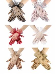1 Pair D EXCEED Polka Dot Transparent Mesh Short Gloves, Elegant Lace Trim Mesh Gloves, Suitable For Weddings, Tea Parties, Makeup, Balls And Other Formal Occasions, Vintage Women's Gloves - Multicolor - View 4