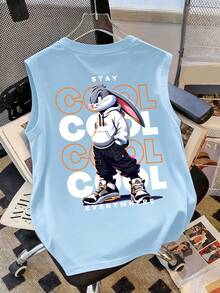 1pc Teen Boys Sleeveless Round Neck Tank Top, Printed With Rabbit "Judy" Pattern, Summer New Comfortable Casual Top - Baby Blue - View 2