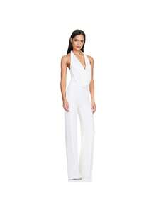 Monochromatic Gold Sequined Dress, Deep V-Neck Halter Neckline, Sleeveless Wide-Leg Design, Stretchy Shimmering Fabric Ideal For Evening Parties, Festive Events And Winter, Glamorous Sexy Style Perfect For Elegant Dinners And Celebrations - 白色 - 查看 3