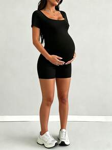 Maternity Solid Color Casual Everyday Romper Black Summer - Black - View 1