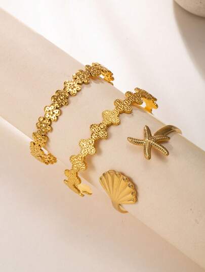 3pcs Gold Stainless Steel Open Bangle Bracelets, Bohemian Style Sea Star & Shell Bracelets, Cute Floral Bracelets Suitable For Beach Vacation & Daily Wear