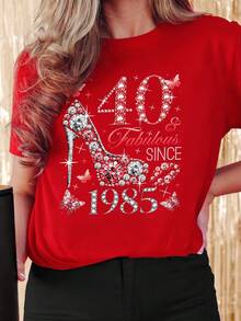 Women's 1985 Birthday Graphic T-Shirt - "Still Beautiful At 40" Design, Casual Crew Neck, Short Sleeve, Lightweight Polyester, Spring/Summer Celebration Essential, Women's T-Shirt - Basic And Versatile - 黑色 - 查看 9
