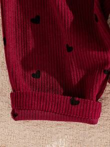 Baby Girls' Pink Striped Red Heart Print Cute Sweet Style Suspender Pants - Burgundy - View 6