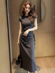 [Y6Y]Women's Elegant Solid Color Short Sleeve Knit Dress, Summer Fashion Waist Ruched Tie-Up Versatile Dress - Grey - View 1