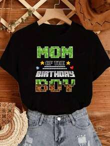 Women's T-Shirt With A "Birthday Boy's Mom" Graphic Design, A Comfortable And Casual Garment, Ideal For Celebrating A Birthday. Pure-Cotton - 黑色 - 查看 7
