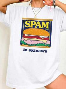 Camiseta Oversize con Estampado Gráfico de Hamburguesa "SPAM in Okinawa" Estilo Y2K para Mujer, Camiseta Casual de Manga Corta con Cuello Redondo, Estampado de Comida Retro Vintage, Ropa de Verano para Uso Diario, Citas para tomar un café, Brunch, Fiestas, Moda Vacacional para Adolescentes, Camiseta Gráfica Holgada para Mujeres Jóvenes y Amantes de la Comida, Adecuada como regalo. playera de mujer. blusas>elegantes. boho chic,Top de mujer suave, transpirable y cómodo, ideal para primavera, verano y otoño, perfecto para vacaciones, viajes y uso diario. - Blanco - Ver 6
