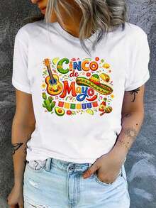 1 camiseta para mujer para la fiesta del Cinco de Mayo |   Estilo Femenino, Verano 2026, Camiseta Estampada de Manga Corta, Tela Suave, Estilo Vintage, Cuello Redondo, Top para Mujer, Material Ligeramente Elástico, Corte Regular, Tallas para Adultos, 180g Algodón 100% - Blanco - Ver 7
