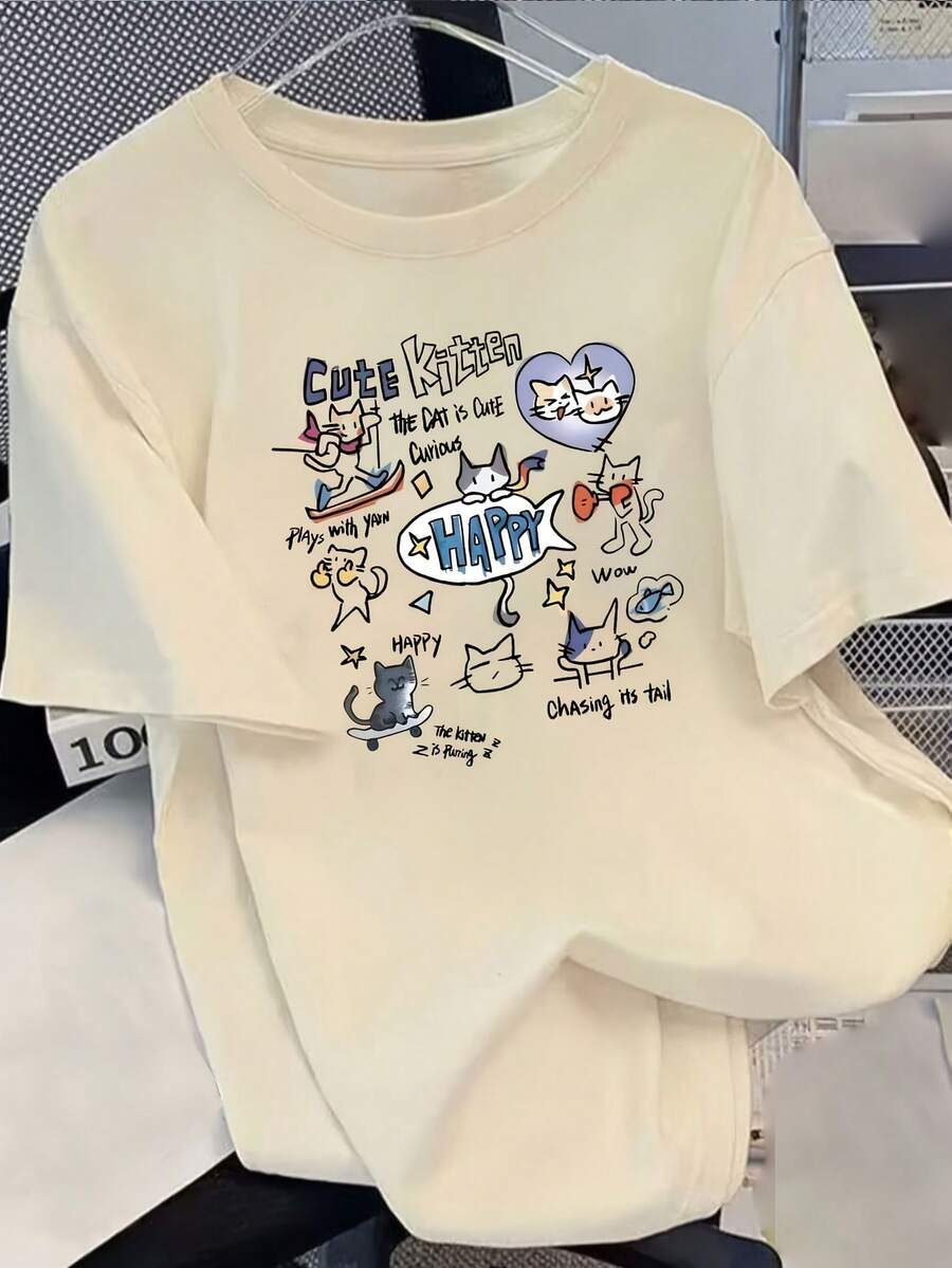 Women's American Summer Short Sleeve T-Shirt, Preppy Style With Graffiti, New, Loose Fit, Printed, Versatile, Cute Cartoon T-Shirt - 杏 - 查看 1