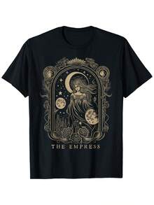 1 Piece Of Queen Card Gothic Emotion Mysterious Pattern T-Shirt, Unisex, Suitable As A Christmas, Thanksgiving, New Year Or Birthday Gift For Parents And Friends, Soft Neutral Black Fabric, 100% Pure Cotton 180g. - 黑色 - 查看 1