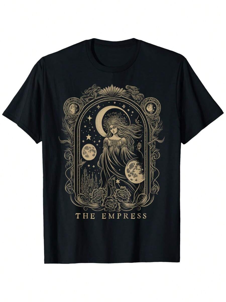 1 Piece Of Queen Card Gothic Emotion Mysterious Pattern T-Shirt, Unisex, Suitable As A Christmas, Thanksgiving, New Year Or Birthday Gift For Parents And Friends, Soft Neutral Black Fabric, 100% Pure Cotton 180g. - 黑色 - 查看 1