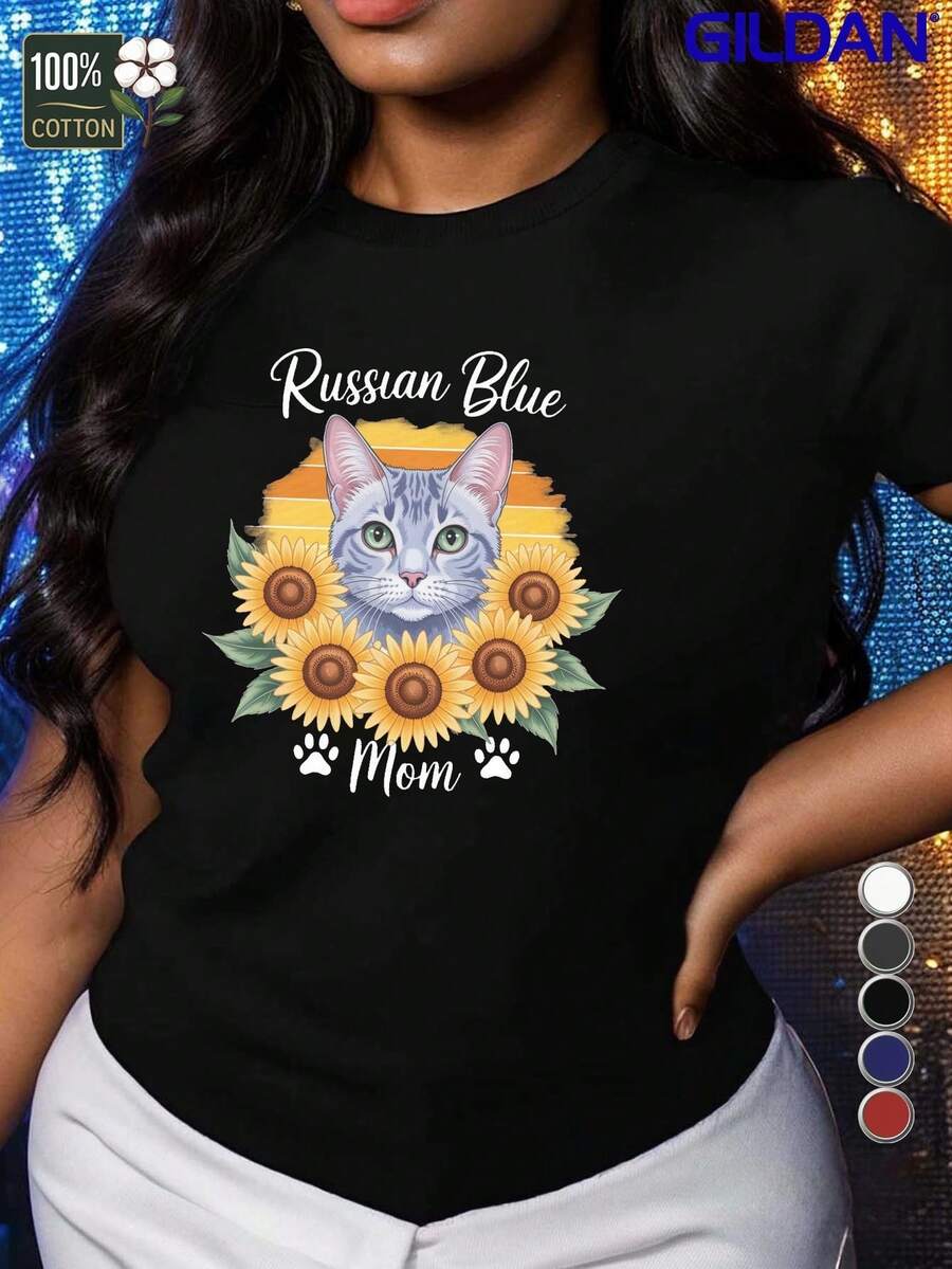 Una camiseta de mujer de manga corta, holgada, moderna, retro y elegante, adecuada para actividades al aire libre en primavera y verano, con estampado de gato azul ruso y girasol - Una camiseta cómoda de manga corta, adornada con patrones de gato azul ruso y girasol, perfecta para el uso diario informal, una camiseta de mujer lavable a máquina, adecuada para todas las estaciones.blusas para mujer,blusas casuales para dama,tops,, mujer premium,y2k,playeras de mujer curvy,ofertas y liquidaciones ropa mujer,playeras deportivas para mujer,,playeras de hombre, mujer,blusas>elegante FHXK - Negro - Ver 1