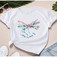 Women's Sexy Casual Elegant White Round Neck Short Sleeve Cotton T-Shirt With Colorful Dragonfly Print Regular Length High Stretch Top - 白色 - 查看 1