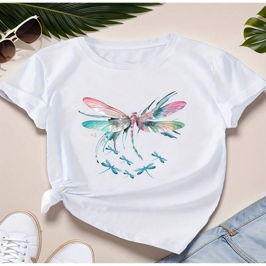 Women's Sexy Casual Elegant White Round Neck Short Sleeve Cotton T-Shirt With Colorful Dragonfly Print Regular Length High Stretch Top - 白色 - 查看 1