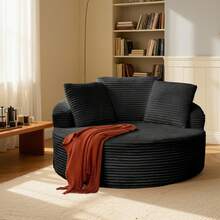 55'' Oversized Round Chair Lounge Chaise Indoor, Large Circle Chair With Deep Seat , Corduroy Sponge Single Sofa With Pillow, No Assembly Required, Boneless Couch For Living Room, Bedroom, Reading - Black - View 11