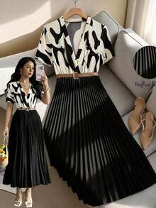 Vestido maxi elegante de diario con estampado abstracto en blanco y negro, parches y unicolor, cuello en V, manga corta, cintura marcada y bajo plisado, para mujer, adecuado para trabajo, citas y ocasiones elegantes - Multicolor - Ver 9