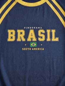 Áo thun thể thao dáng rộng màu xanh hải quân và vàng in chữ "BRASIL", kiểu dáng thường ngày lấy cảm hứng từ áo đấu Brazil thời kỳ Y2K, tay ngắn, thích hợp cho nữ mùa hè. - Màu xanh lam - Xem 4