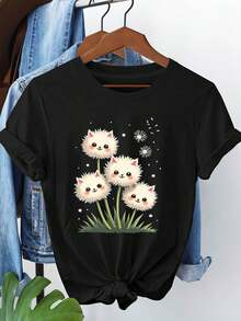 Women's Tops, Women's T-Shirts, Mother's Day, Casual Blouses For Ladies, Women's Tops, 2000s Style, Smiling Dandelion Meadow Cartoon Graphic Print T-Shirt, Women's Casual Short Sleeve Crew Neck T-Shirt, Spring-Summer, Daily Leisure, Holiday Gift - 黑色 - 查看 1