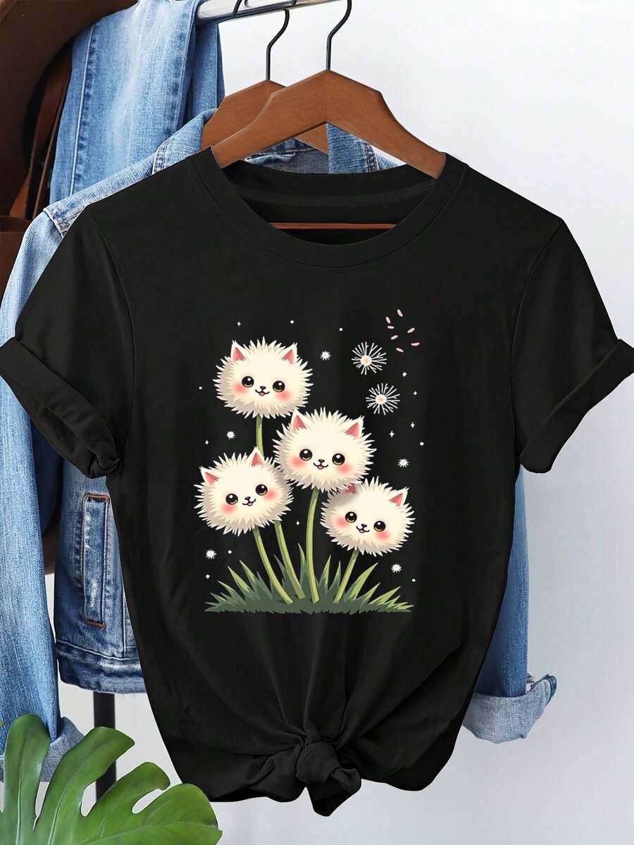 Women's Tops, Women's T-Shirts, Mother's Day, Casual Blouses For Ladies, Women's Tops, 2000s Style, Smiling Dandelion Meadow Cartoon Graphic Print T-Shirt, Women's Casual Short Sleeve Crew Neck T-Shirt, Spring-Summer, Daily Leisure, Holiday Gift - 黑色 - 查看 1