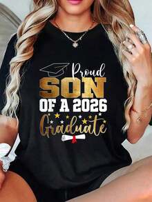 1 Piece Graduation T-Shirt 2026 "Proud Son Of Graduate 2026", Summer T-Shirts, Short Sleeve, Round Neck, Casual Style For Summer And Spring, Women's Clothing, 180g 100% Cotton - 黑色 - 查看 6
