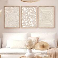 3pcs/Set Neutral Beige Abstract Plant Geometric Pattern Line Wall Art Decoration Painting, Frameless Canvas Poster, Bohemian Style Abstract Art Poster, Creative Ideal Home Gift, Suitable For Living Room, Study, Bedroom, Bathroom, Kitchen - B - View 11