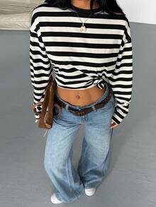 SDNGED Women's Casual Top, Striped Color Block Ribbed Fabric, Everyday Wear Spring/Autumn - Black Apricot Wide Stripes - View 12