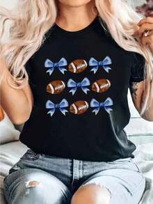 Coquette Football Bow Football Mom Game Day T-Shirt For Women, Girls And Boys, Casual Short Sleeve Round Neck T-Shirt, Comfortable For Spring And Summer, Women's Clothing. - 黑色 - 查看 6
