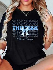 Thirteen Sets Of Blue Bow T-Shirts For Women, Ideal For Celebrating A Teenager's 13th Birthday - 黑色 - 查看 6