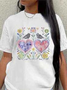 Lightweight And Durable Short-Sleeved T-Shirt With A Floral Heart Design, Ideal For Casual Wear At Home Or During Outdoor Activities. The Soft Fabric Ensures Comfort For Everyday Wear. Women's Standard Size Casual T-Shirt, Breathable, Lightweight Short-Sleeved Tee. - 白色 - 查看 7