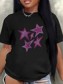 Polyester Short-Sleeved T-Shirt With Purple Star Print, Lightweight And Durable, Suitable For Casual Wear At Home Or Outdoors, Comfortable And Fitted For Everyday Use. Women's Blouses > Clothing - 黑色 - 查看 1