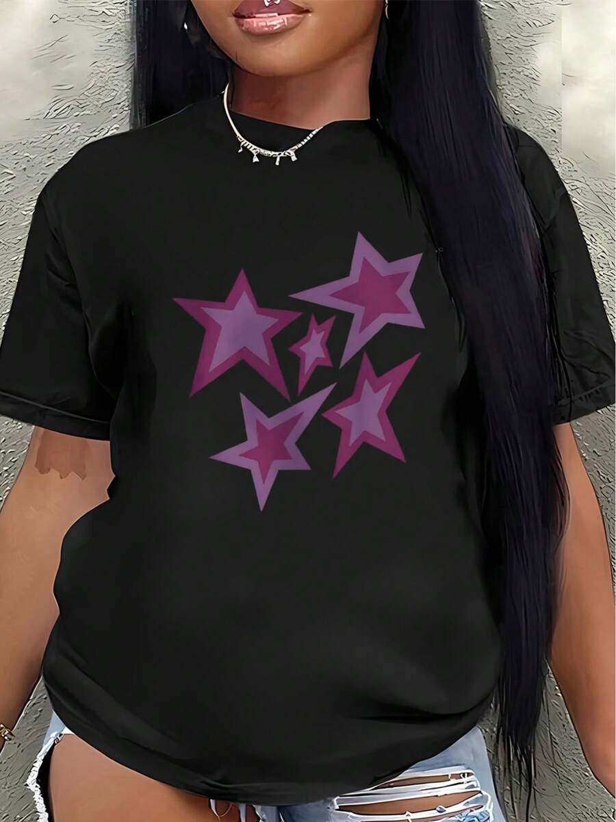 Polyester Short-Sleeved T-Shirt With Purple Star Print, Lightweight And Durable, Suitable For Casual Wear At Home Or Outdoors, Comfortable And Fitted For Everyday Use. Women's Blouses > Clothing - 黑色 - 查看 1