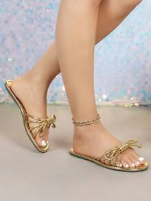 French Elegant Bowknot Open Toe Flat Sandals - Gold - View 10