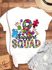Women's Cotton T-Shirts, Colorful Puzzle Ribbon Design For Autism Awareness Support Team, Ideal For Autism Awareness Month And Community Events, Women's Basic Blouses. - 白色 - 查看 3
