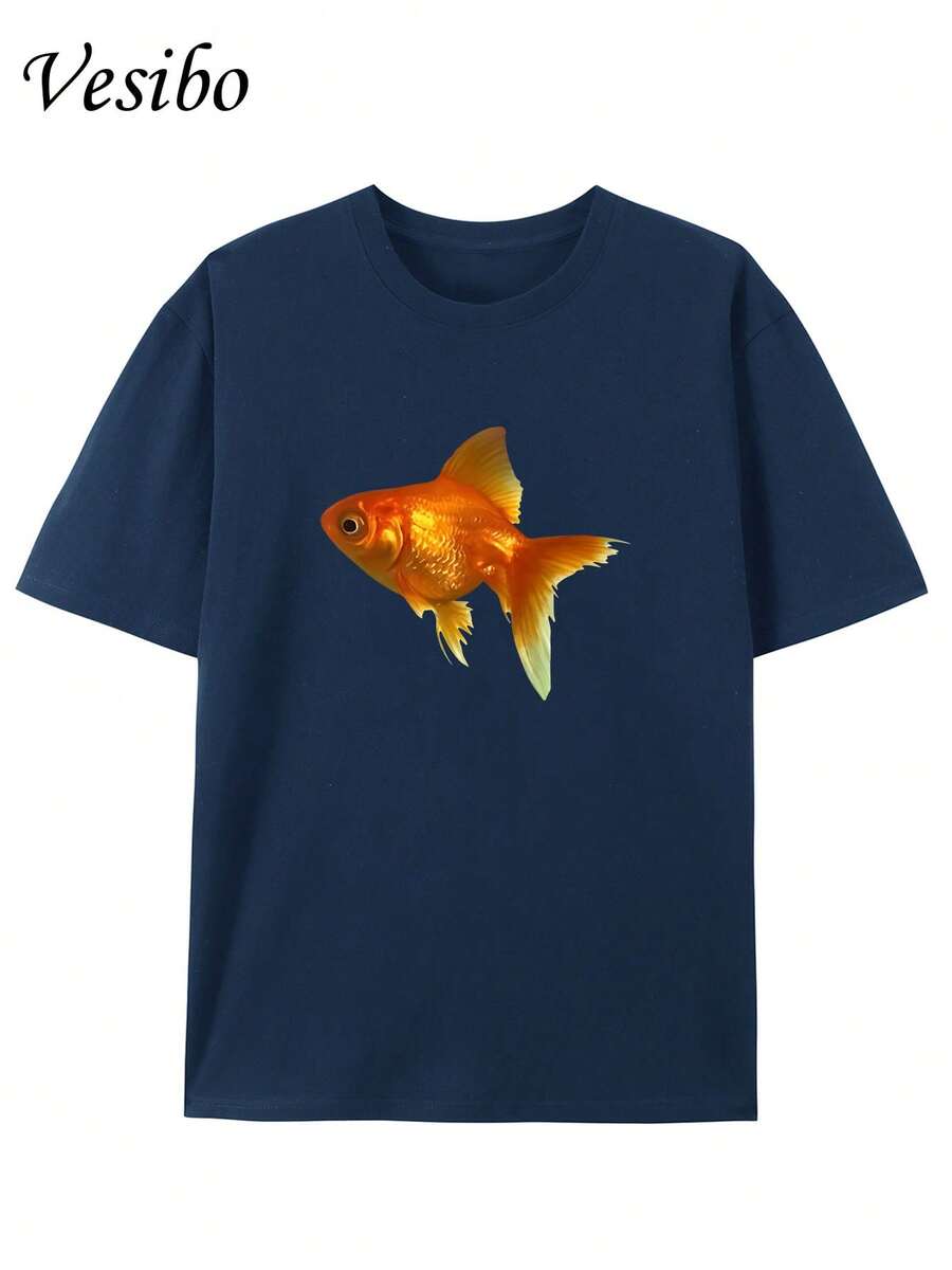 Creative And Fun T-Shirt With Round Neck And Graphic Design, Made Of Pure Fabric, Modern And Stylish For Summer, Perfect For Casual Everyday Wear - 海軍藍 - 查看 1