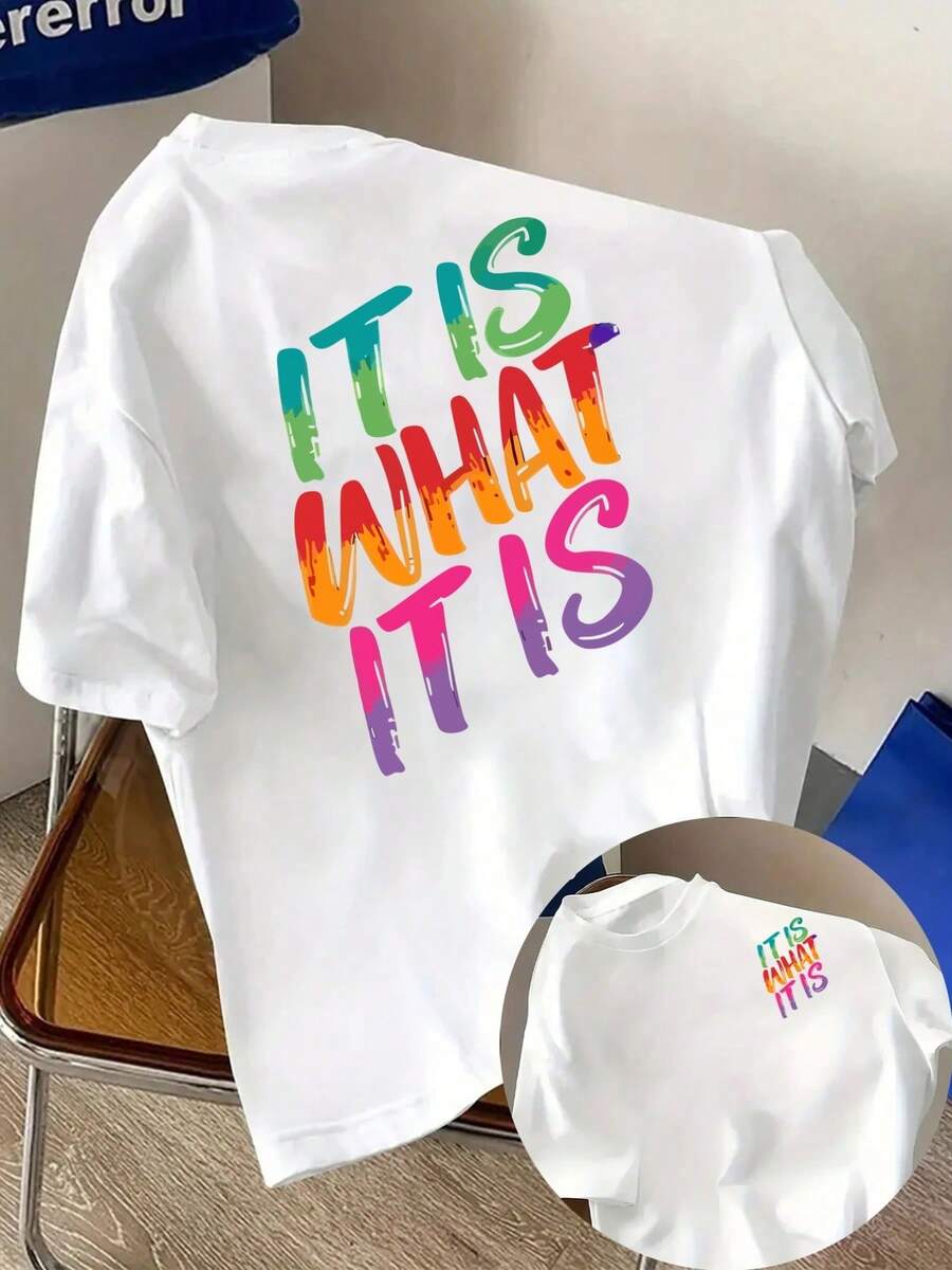 New Men's 180g Heavyweight T-Shirt, % Cotton, With Custom IT IS WHAT IT IS Print On The Front And Back, Fashionable Short-Sleeved T-Shirt For Men, Suitable For Daily Casual Wear And Outdoor Fitness Activities, Unique Double-Sided Pattern Design - To Be Layered In Spring And Autumn And Worn Alone In Summer, Unisex Style. - 白色 - 查看 1