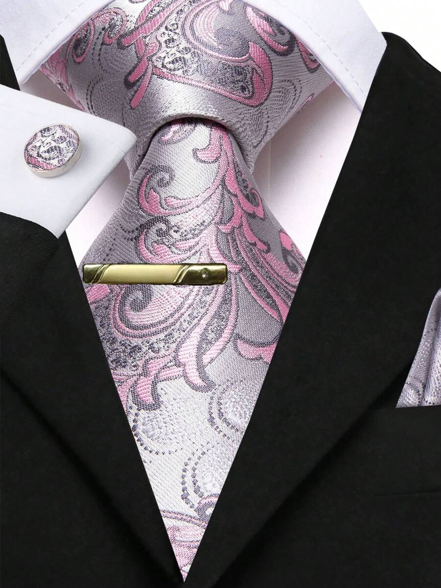 Set de 4 piezas de corbata de hombre con flores rosas claras plateadas que incluye pañuelo de bolsillo, gemelos aleatorios y pinza de corbata dorada, corbata formal festiva para días festivos - Rosa - Ver 1