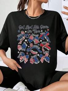 May God Grant You His Grace: Women's Patriotic T-Shirt With American Flag Design, Fashion Top For 4th Of July Celebration - 黑色 - 查看 1